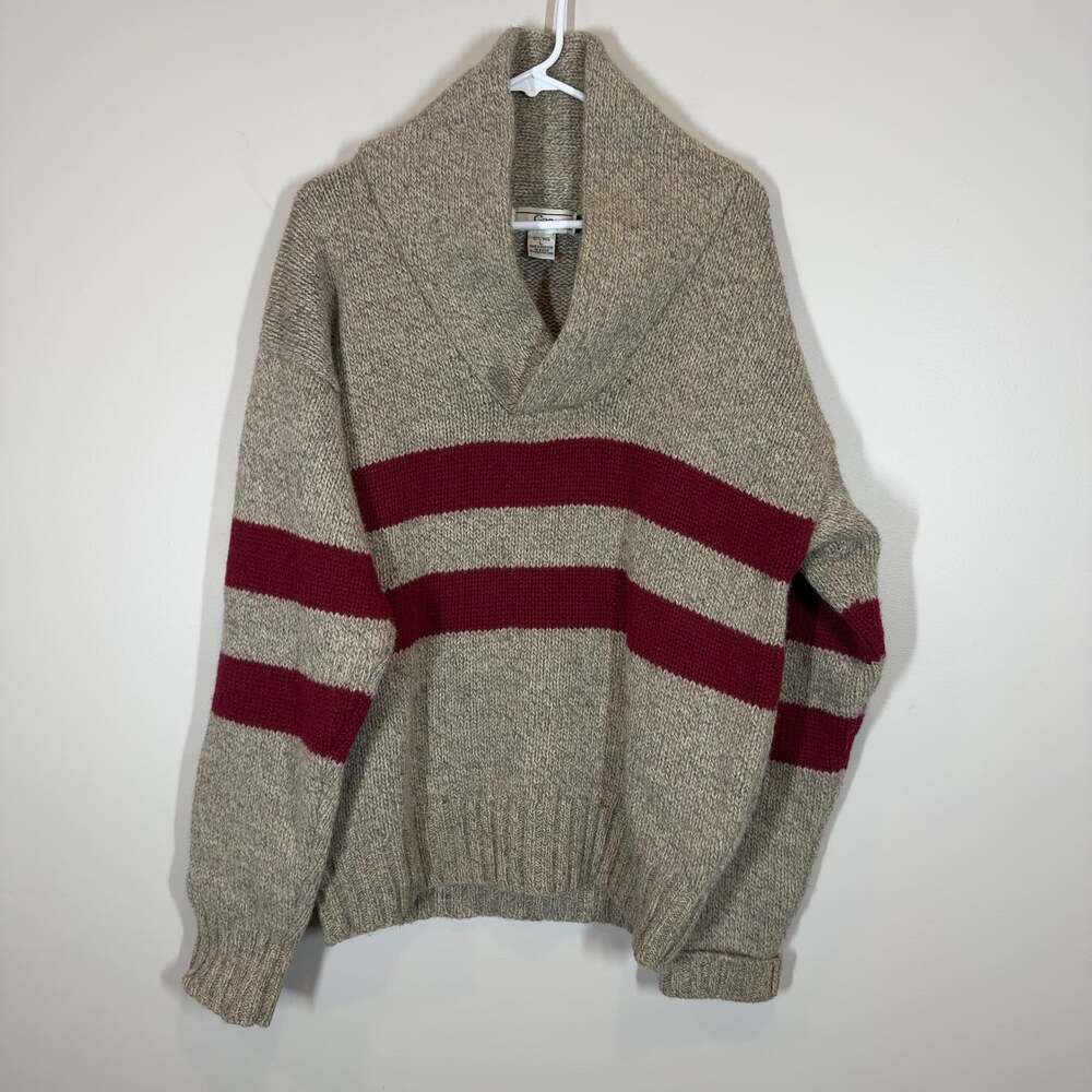 Vintage Gap Men's Shawl Collar Sweater 100% Wool Oatmeal Maroon Stripe Size L